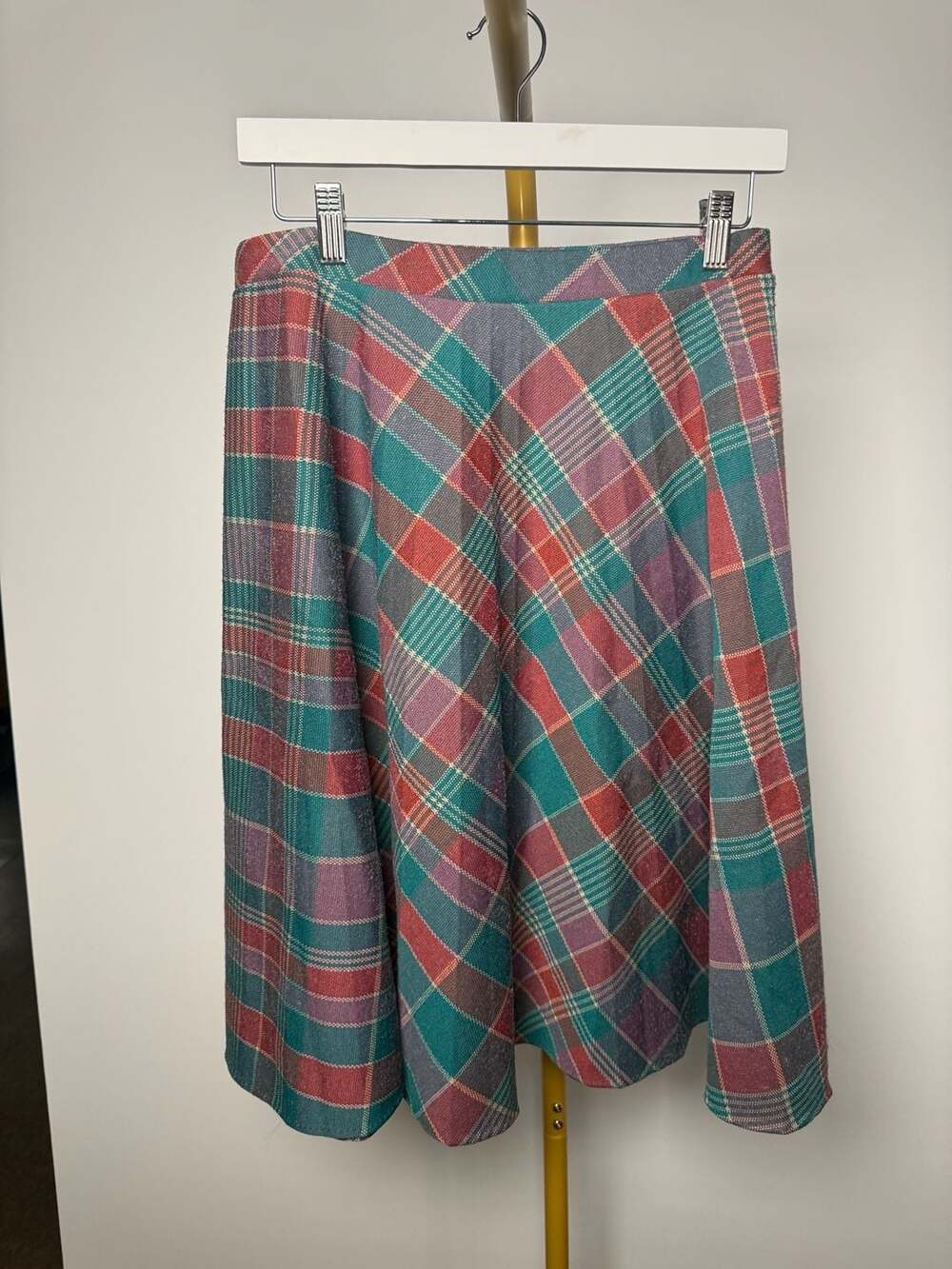 Vintage Plaid Midi Skirt Multicolor Wool